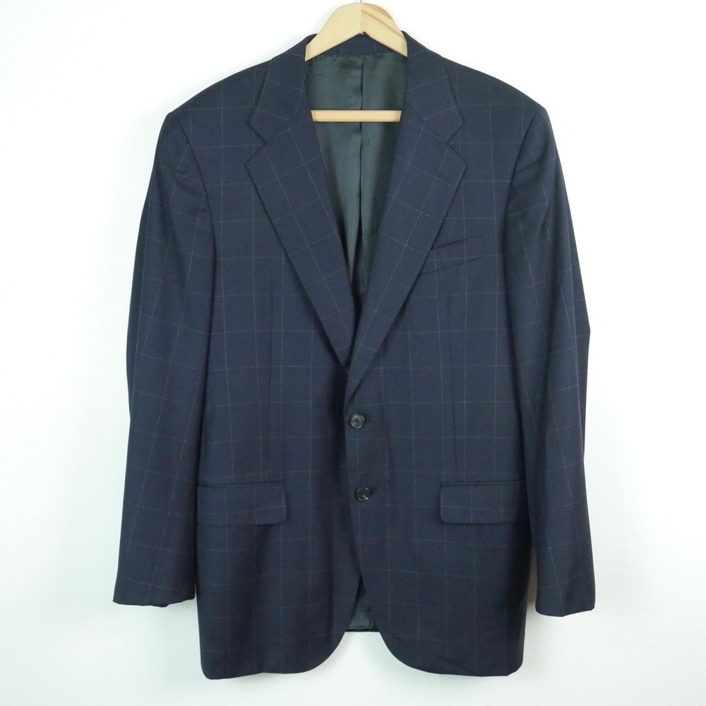 Belvest Italy Navy Windowpane Super 160s Wool Blazer Sport Coat 42R Old Money